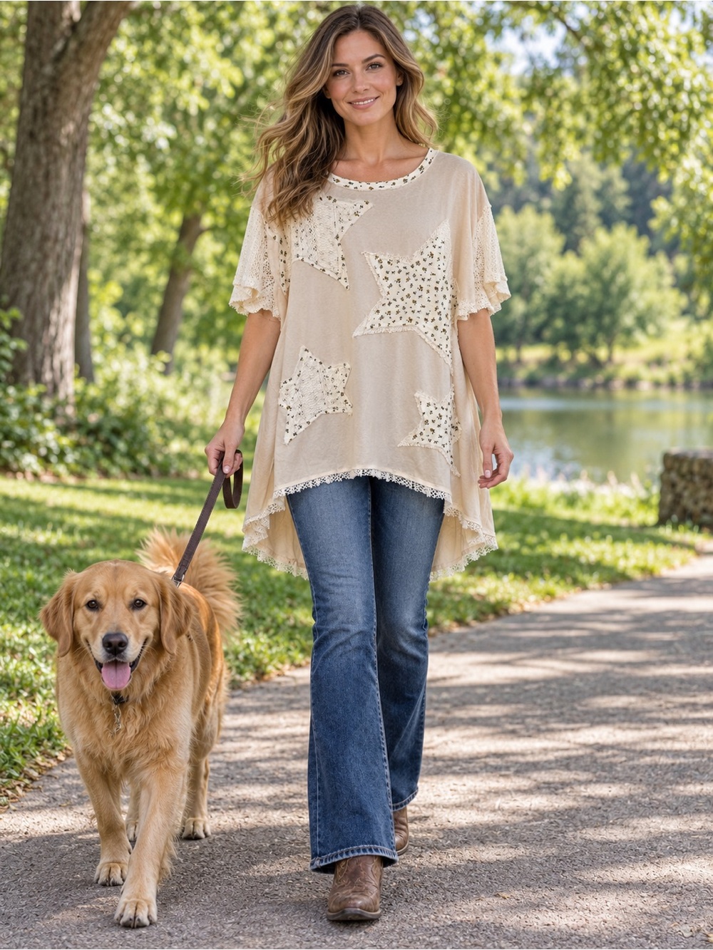 H100 New POL M ptp24 Cream Star Patch Lace-Trim High Low Tunic Top